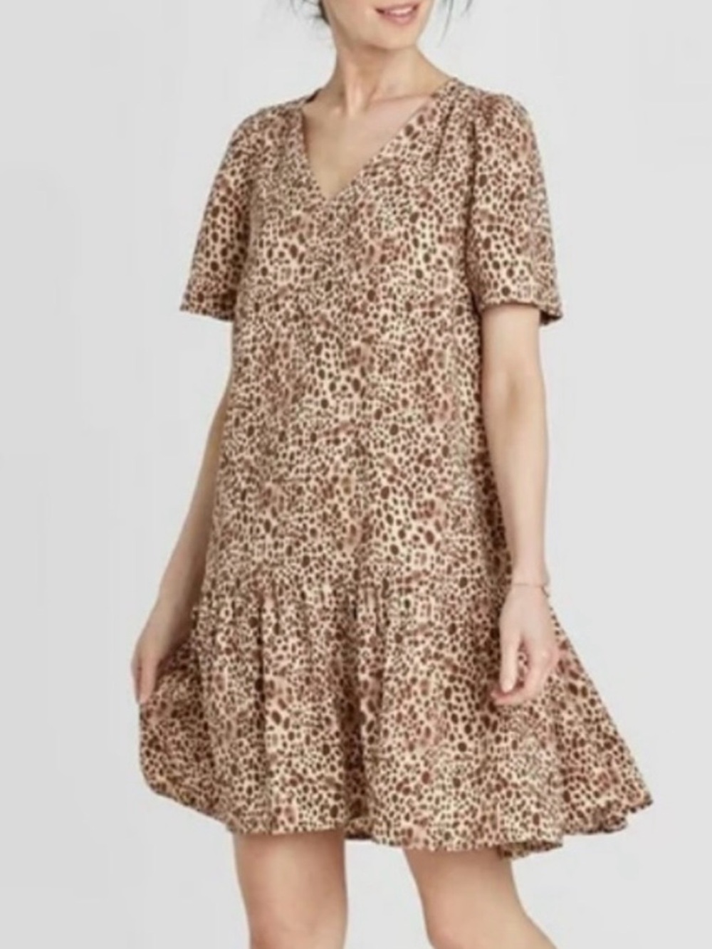 a new day Tan Leopard V‑Neck Swing Mini Dress